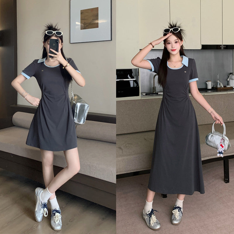 6089L_大碼女裝胖MM時尚簡約收腰POLO領撞色設計中長款連衣裙