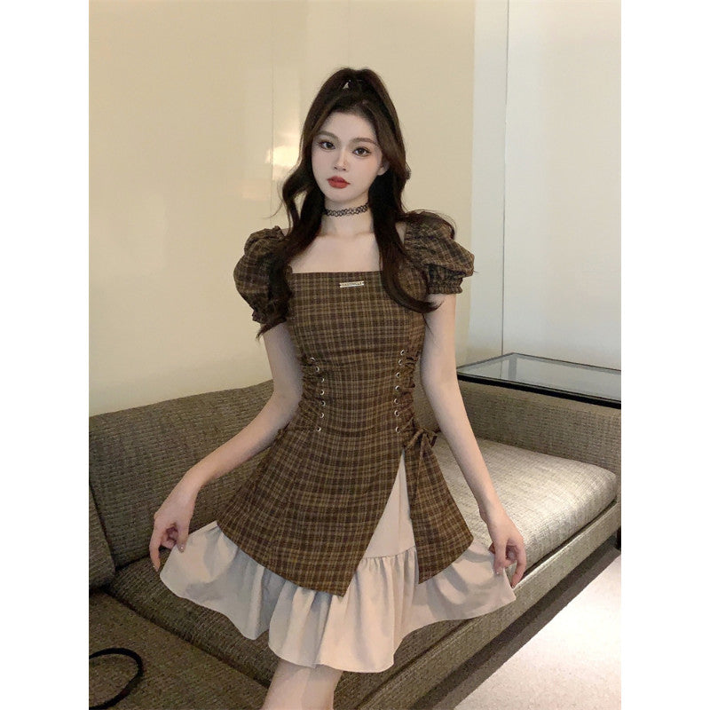 18088L_甜酷純欲咖色格子修身高腰連衣裙夏新款