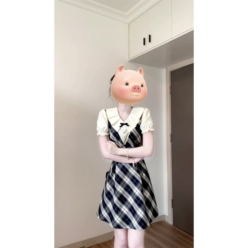 C5L53986L_韓系學院風假兩件格紋連衣裙子女夏季2025新款小個子收腰a字短裙