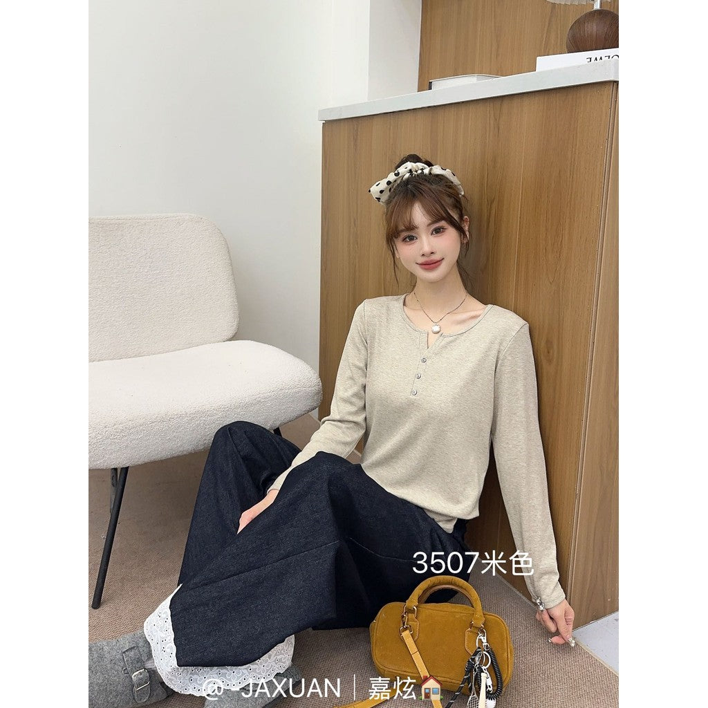 VKJ-3507 均碼  三扣小V領韓系慕斯tee早秋長袖上衣