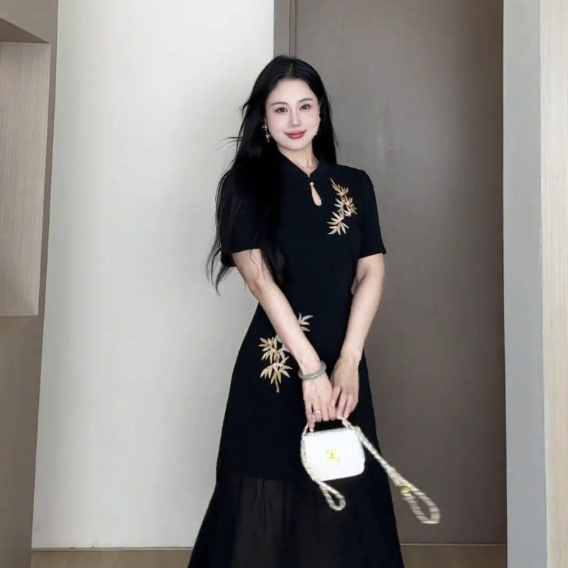 A1908L_墨色竹影蛋妹大碼女裝微胖夏季新中式時尚旗袍連衣裙