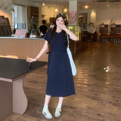 1066L_大碼女裝胖MM顯瘦收腰立體壓花遮肉短袖連衣裙