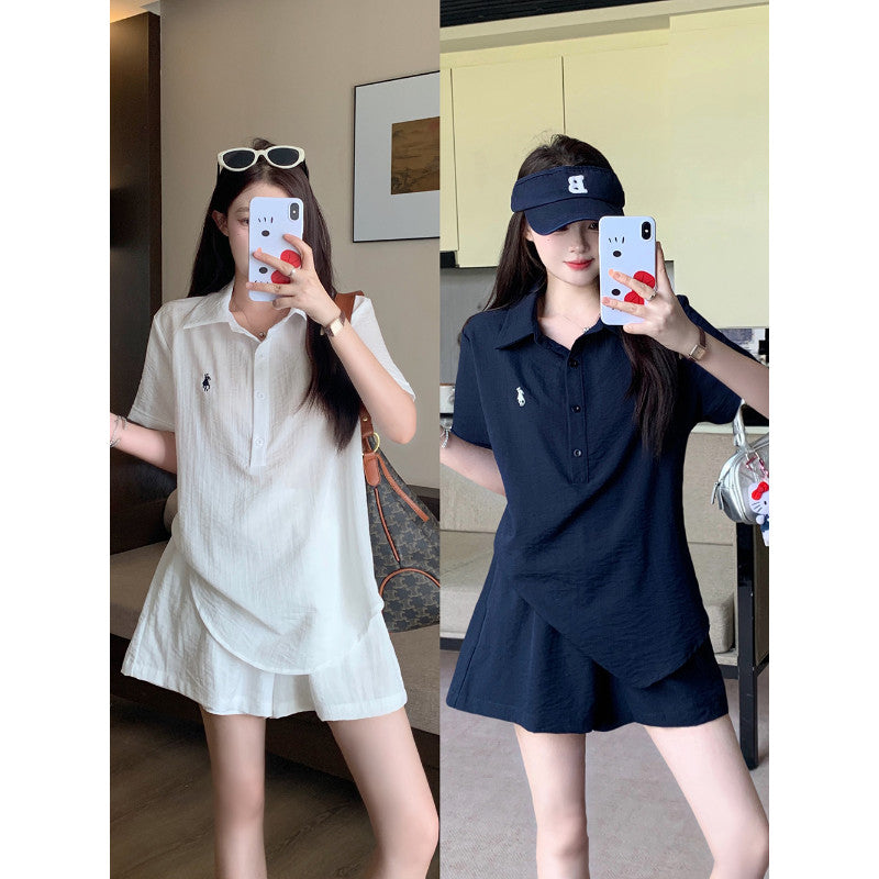 3329L_大碼女裝夏季新款時尚套裝短袖襯衣短褲兩件套
