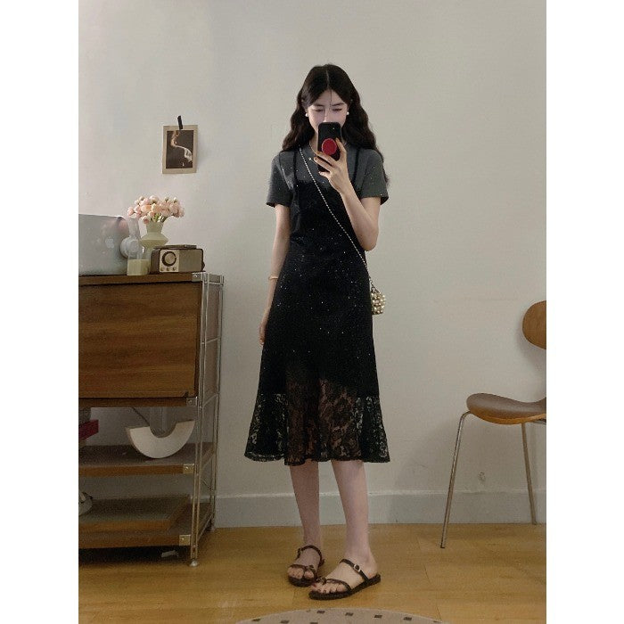 8253L_夏季新款胖MM甜美蕾絲邊修身細閃顯瘦假倆件連衣裙
