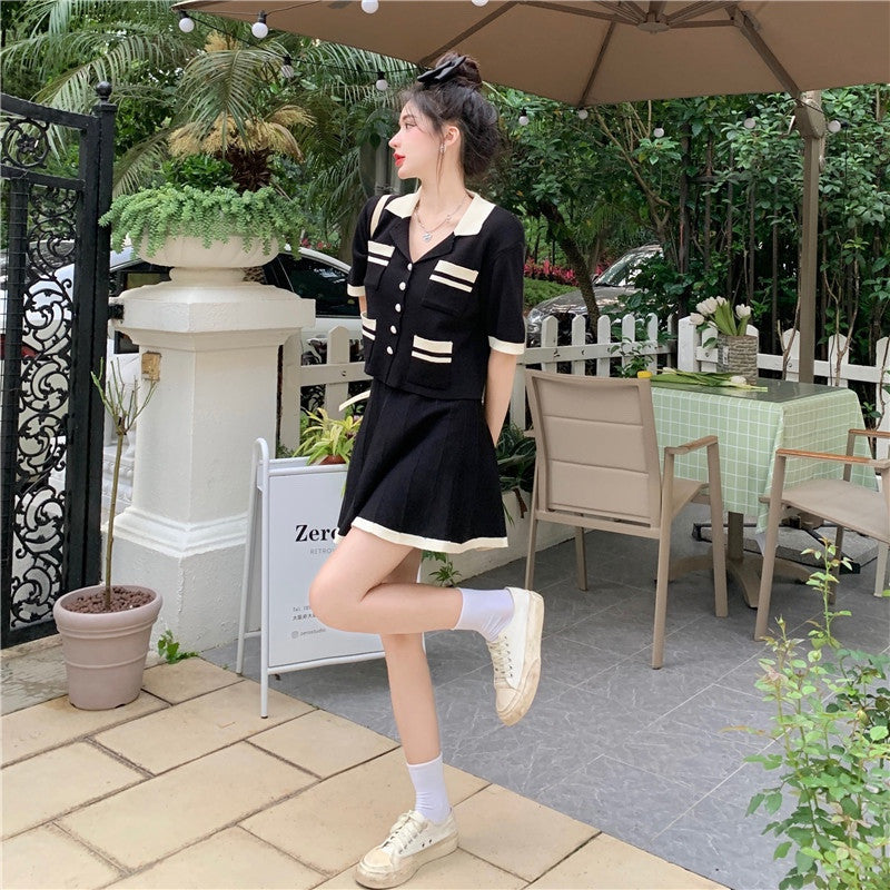 B3106L_大码女装夏季胖妹妹小香风针织短袖胖mm套装上衣百褶半身裙