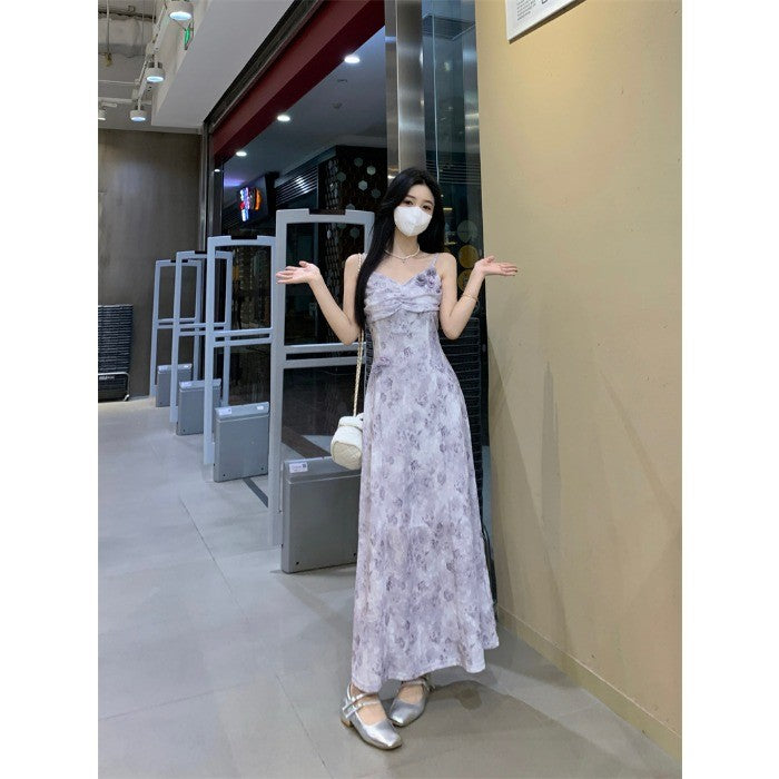 B1039L_ 夏新款重工高級感暈染紫色立體花朵吊帶連衣裙肌理開衫套裝