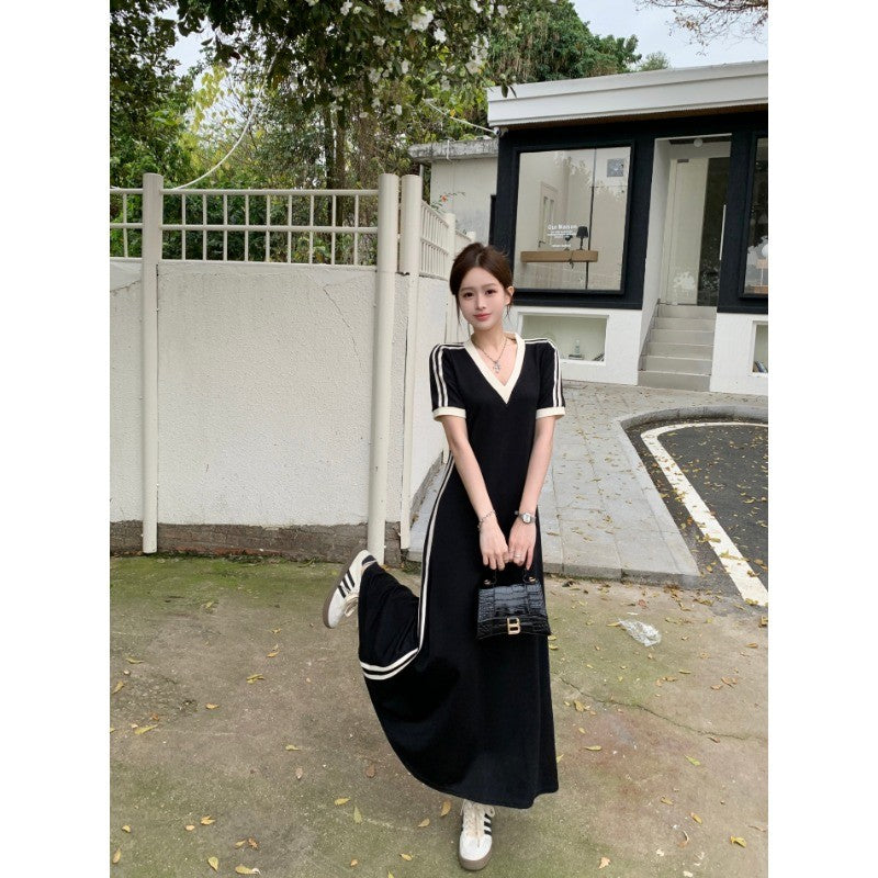 9975L_法式高級感V領短袖連衣裙2025夏季季新款漂亮裙子收腰長裙
