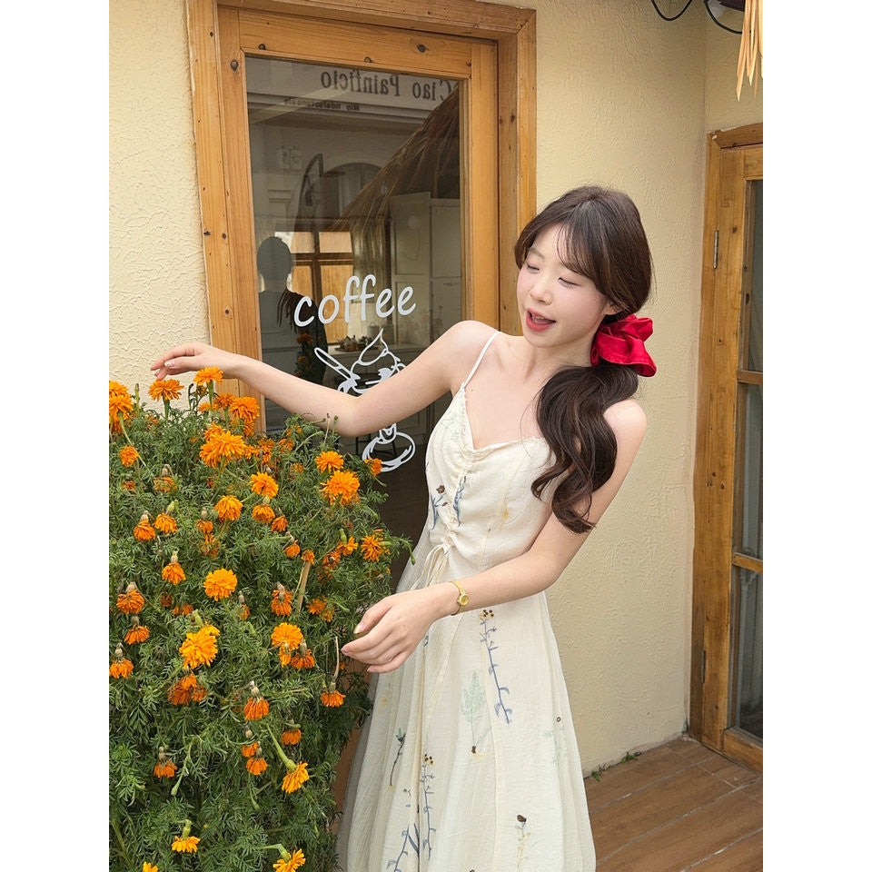 3299L_新款南枝杏調連衣裙女褶皺感水草花復古刺繡長裙