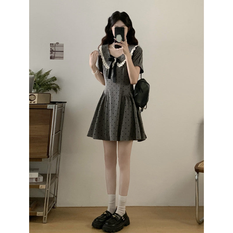 A9186L_大碼女裝法式減齡娃娃領短款波點連衣裙胖MM顯瘦甜美裙子