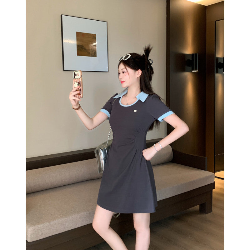 6089L_大碼女裝胖MM時尚簡約收腰POLO領撞色設計中長款連衣裙