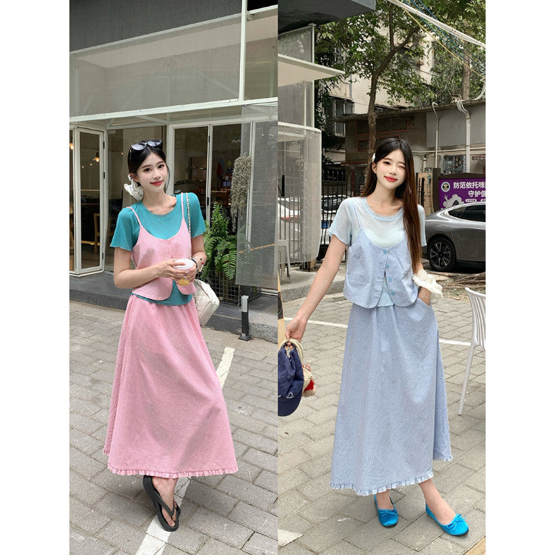 21778L_夏裝新款胖mm大碼女鹽甜系穿搭吊帶短袖半身裙三件套