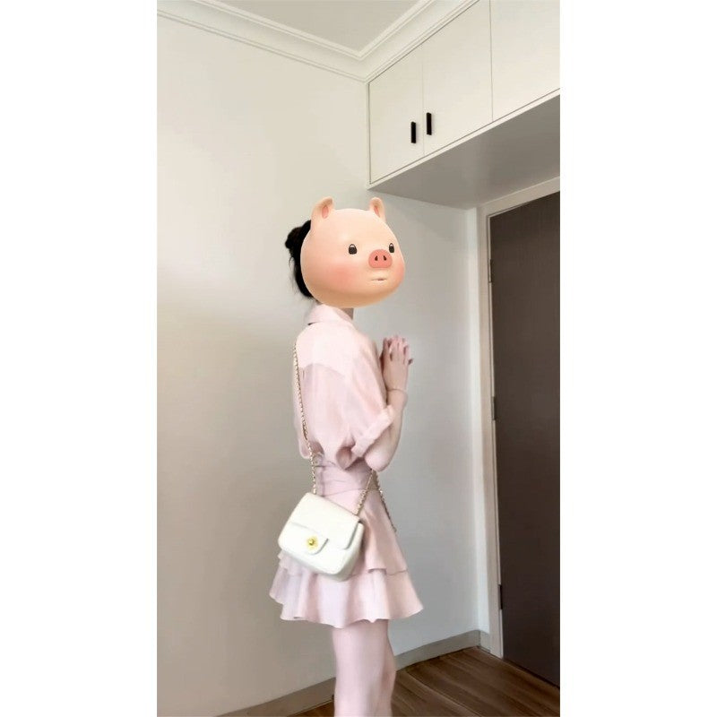 C5B53955L_法式溫柔風粉色襯衫連衣裙子女夏季2025新款甜美氣質收腰套裝短裙