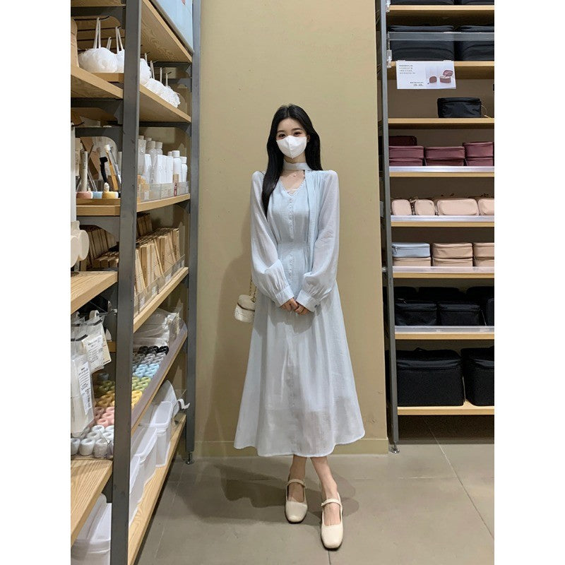 A3155L_大碼女裝氣質溫柔風藍色V領連衣裙女胖MM春季新款裙子