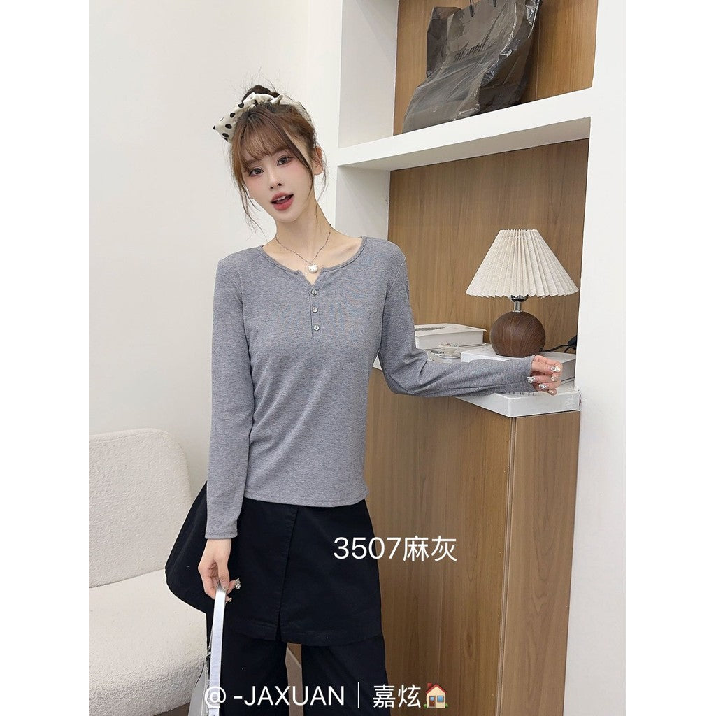 VKJ-3507 均碼  三扣小V領韓系慕斯tee早秋長袖上衣