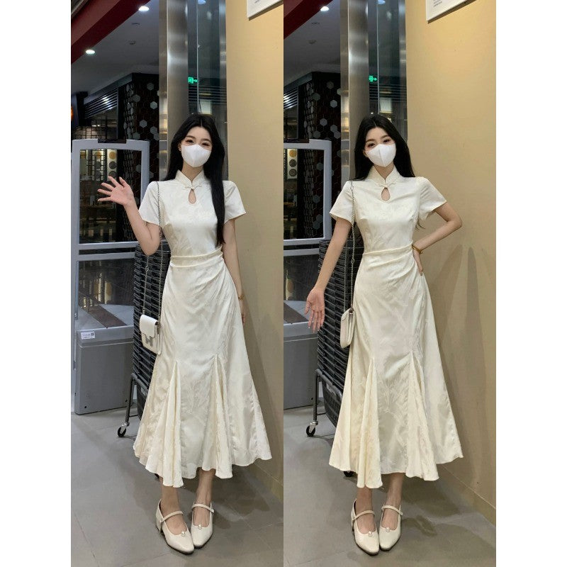 8560L_大碼女裝新中式提花旗袍魚尾裙擺氣質國風連衣裙