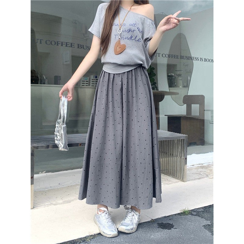 99280L_大碼新款秋季溫柔風波點長褲女簡約顯瘦百搭休閒遮胯闊腿褲子