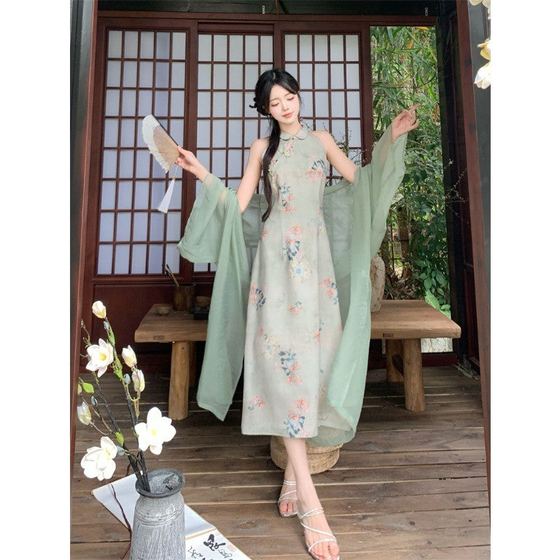 A7927L_大碼新中式國風改良旗袍裙夏季高端氣質掛脖露肩無袖連衣裙
