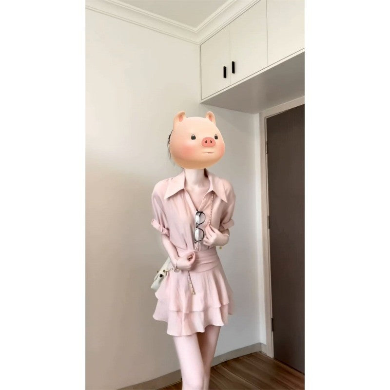 C5B53955L_法式溫柔風粉色襯衫連衣裙子女夏季2025新款甜美氣質收腰套裝短裙