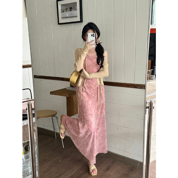 2950L_大碼女裝灰粉調小魚尾拼接吊帶碎花連衣裙胖MM藏肉顯瘦套裝