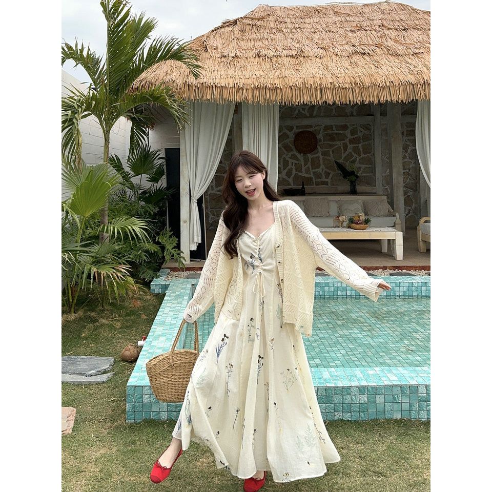 3299L_新款南枝杏調連衣裙女褶皺感水草花復古刺繡長裙