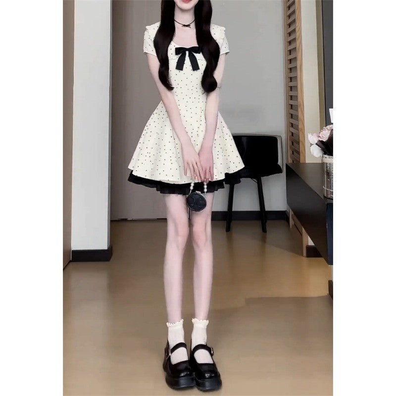 C6L54854L_法式氣質蝴蝶結波點連衣裙子女夏季2025新款小個子顯瘦收腰a字裙