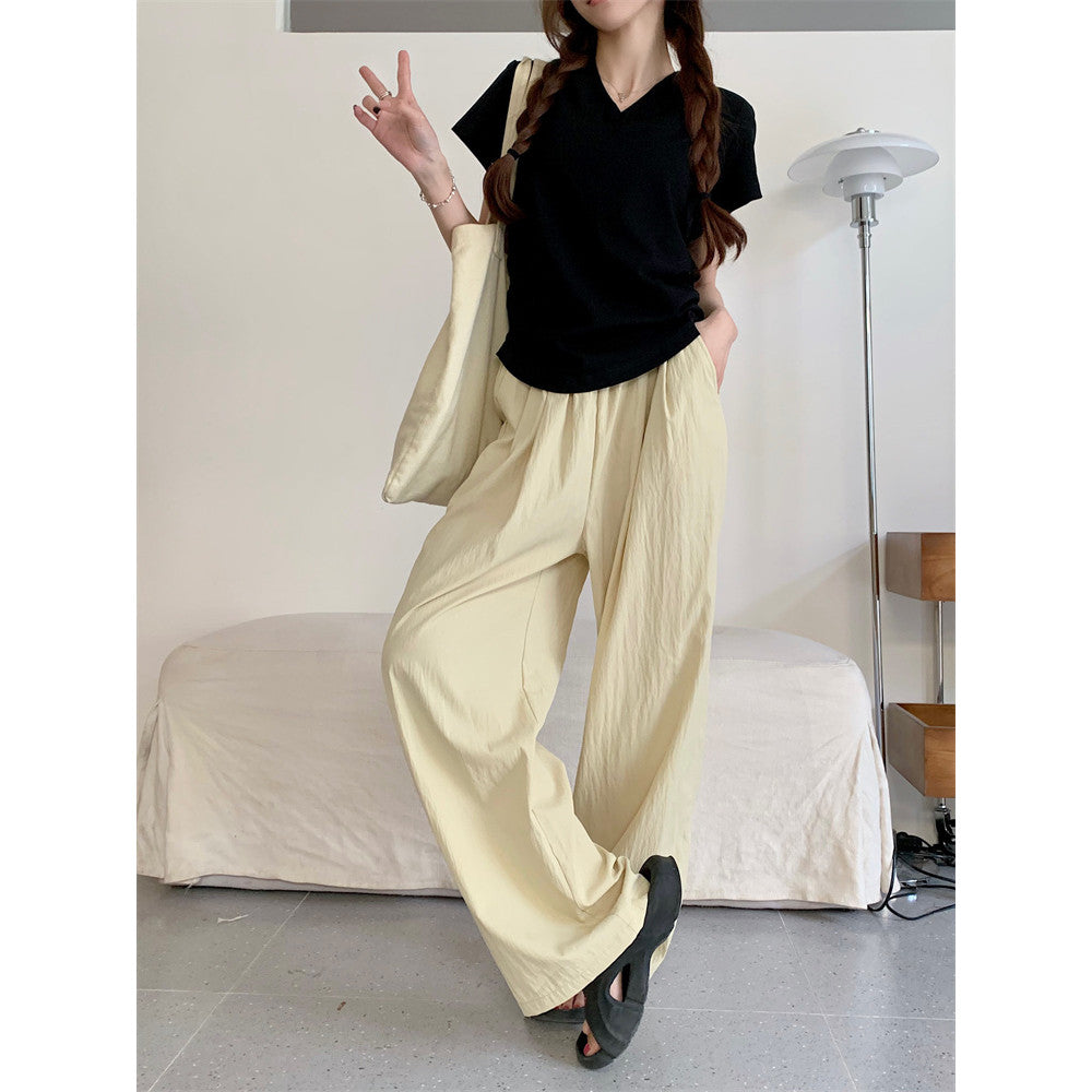 66069L_闊腿褲女夏季速乾薄款空調褲高腰休閒慵懶風直筒褲