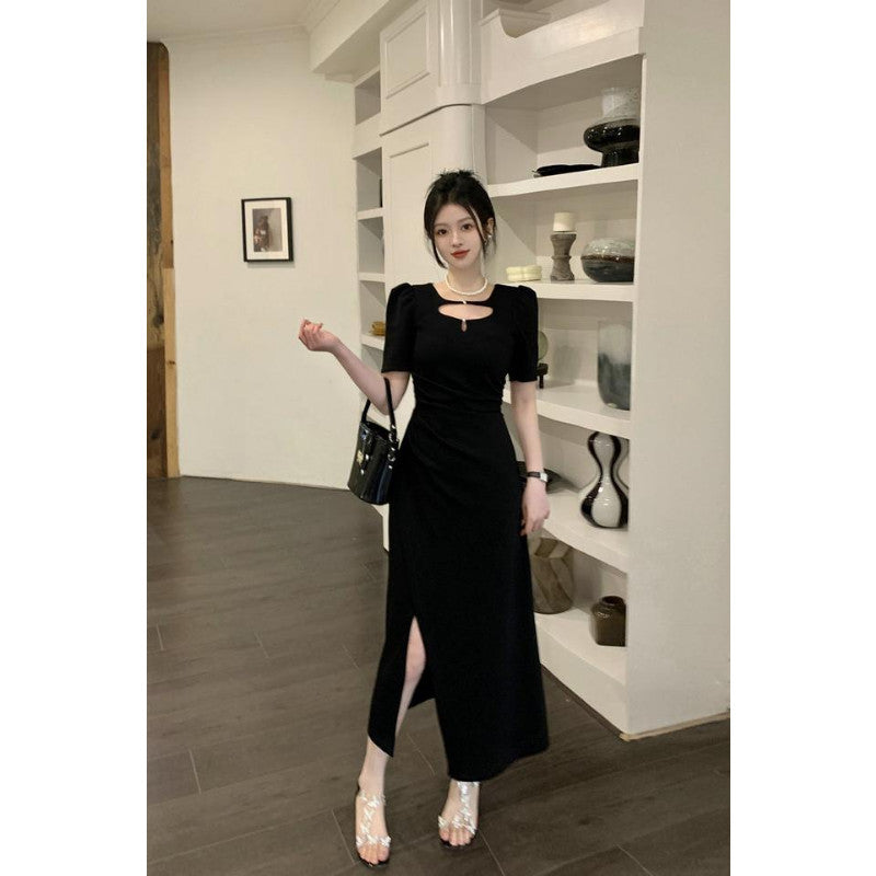 3239L_夏季胖mm新款設計感珍珠褶皺氣質顯瘦兩色針織連衣裙