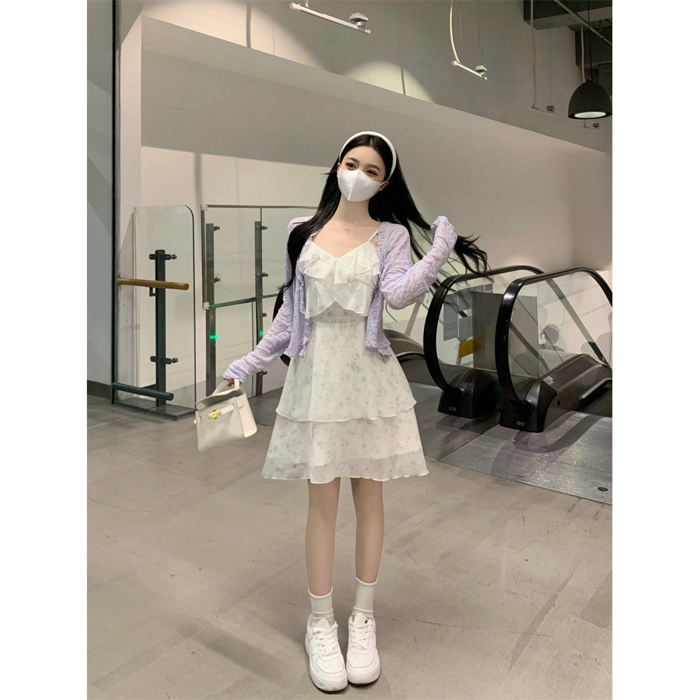 A1099L_大碼女裝新款茶歇法式顯瘦雪紡碎花吊帶連衣裙兩件套