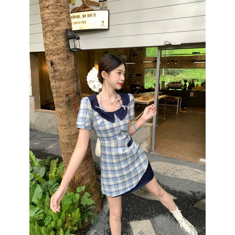 18800L_夏季學院復古清新淡雅格紋修身短袖連衣裙