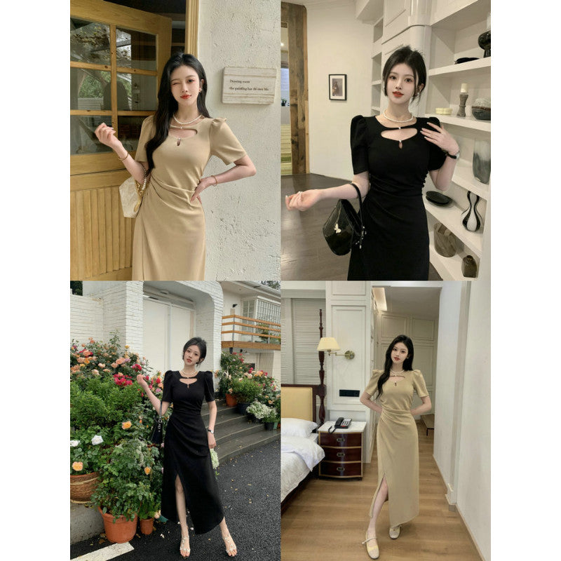 3239L_夏季胖mm新款設計感珍珠褶皺氣質顯瘦兩色針織連衣裙