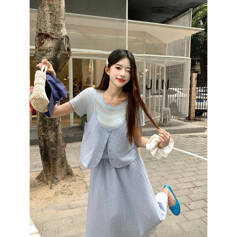 21778L_夏裝新款胖mm大碼女鹽甜系穿搭吊帶短袖半身裙三件套