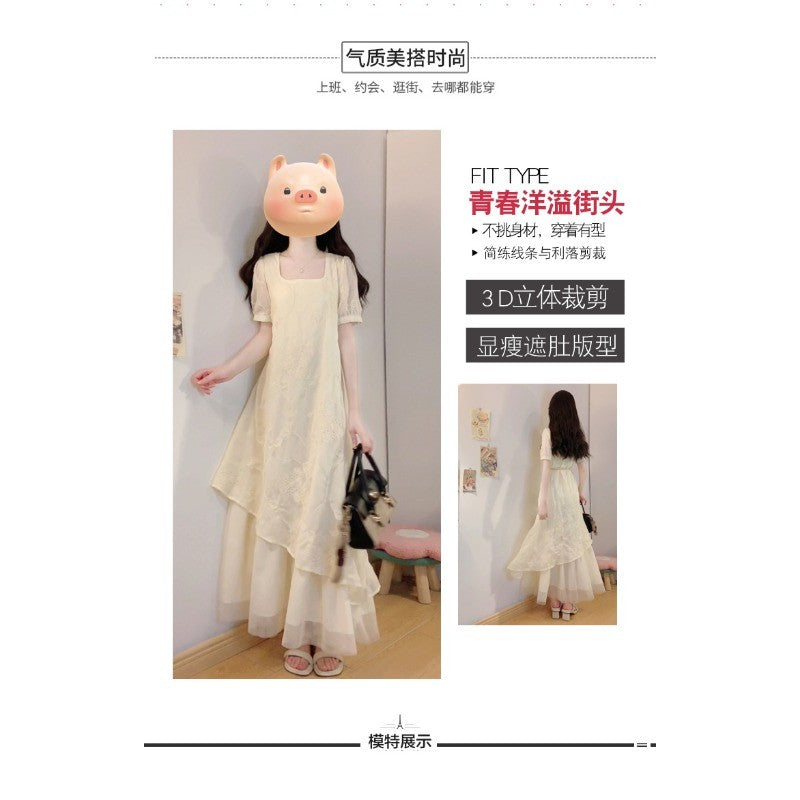 6955L_大碼女裝夏季法式重工刺繡棉布拼接網紗不規則假兩件連衣裙