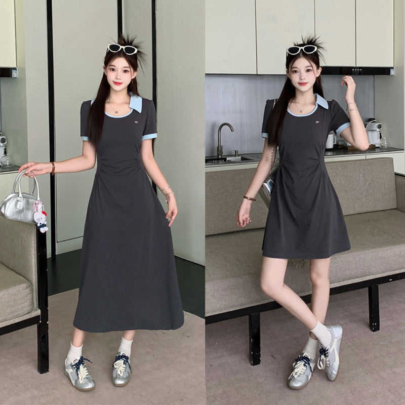 6089L_大碼女裝胖MM時尚簡約收腰POLO領撞色設計中長款連衣裙