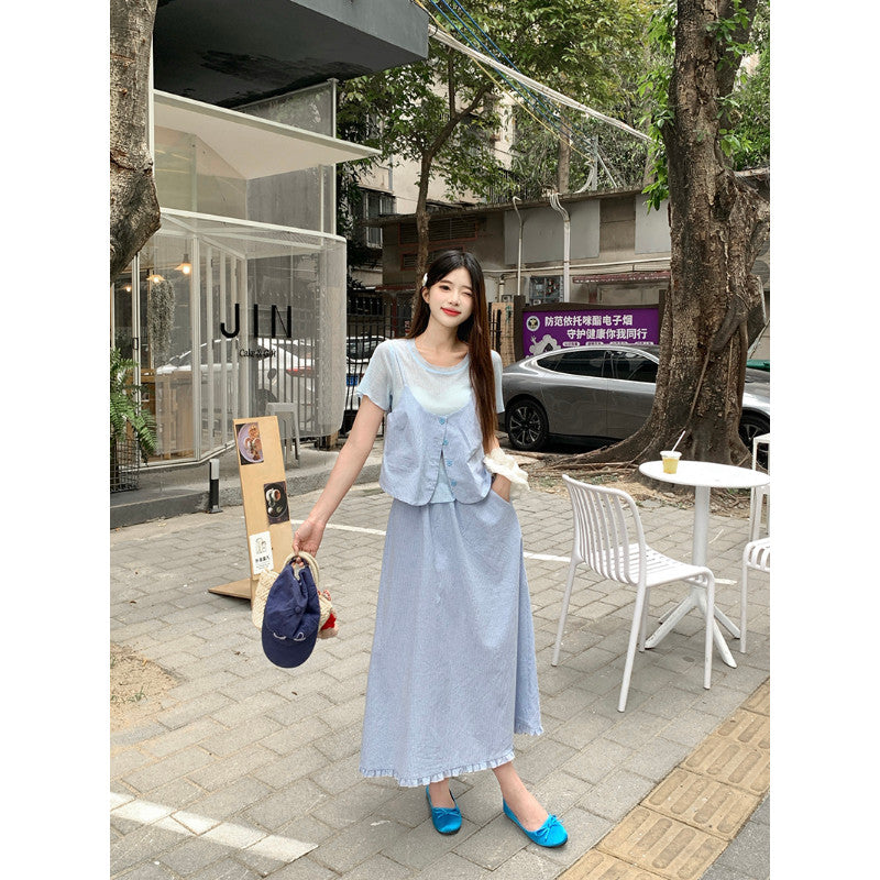 21778L_夏裝新款胖mm大碼女鹽甜系穿搭吊帶短袖半身裙三件套