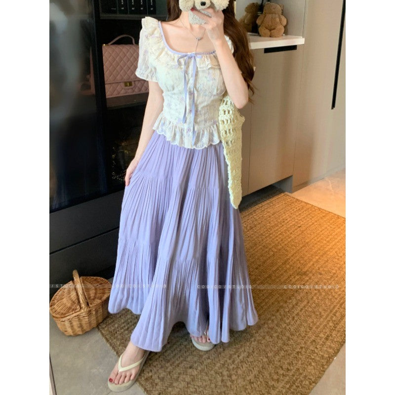 6732L_大碼女裝法式碎花刺繡方領上衣夏季胖mm泡泡袖襯衫兩件套裙裝