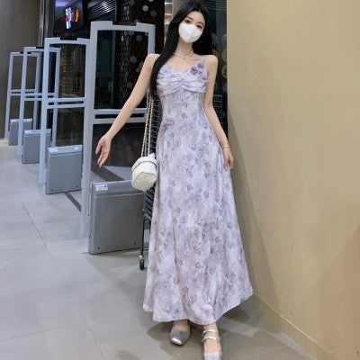 B1039L_ 夏新款重工高級感暈染紫色立體花朵吊帶連衣裙肌理開衫套裝