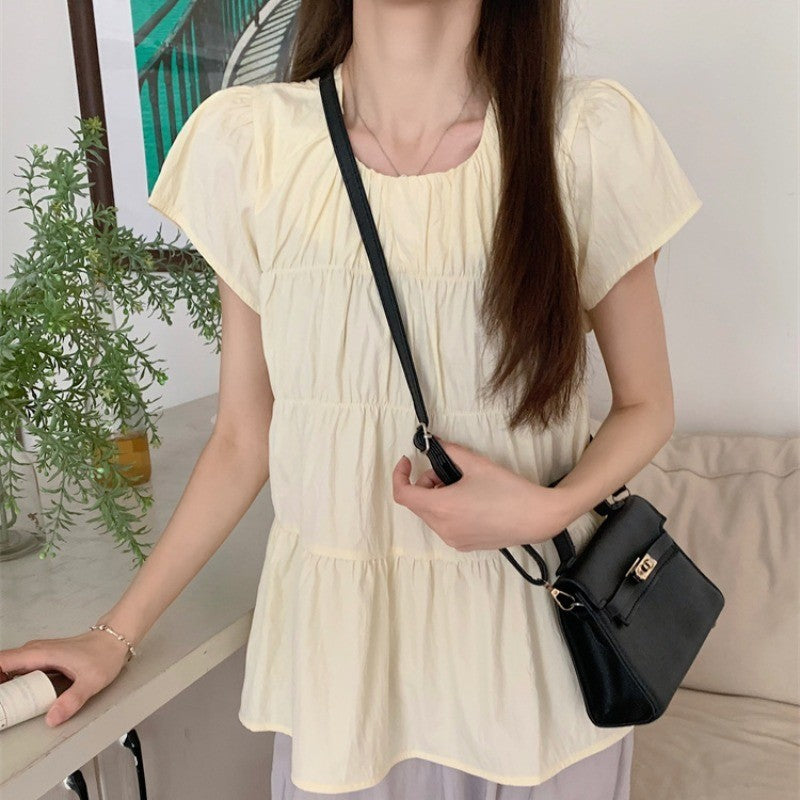6203L_氣質溫柔風韓系短款小衫夏季休閒顯瘦圓領短袖上衣女