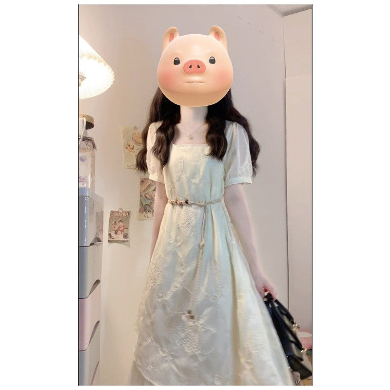 6955L_大碼女裝夏季法式重工刺繡棉布拼接網紗不規則假兩件連衣裙