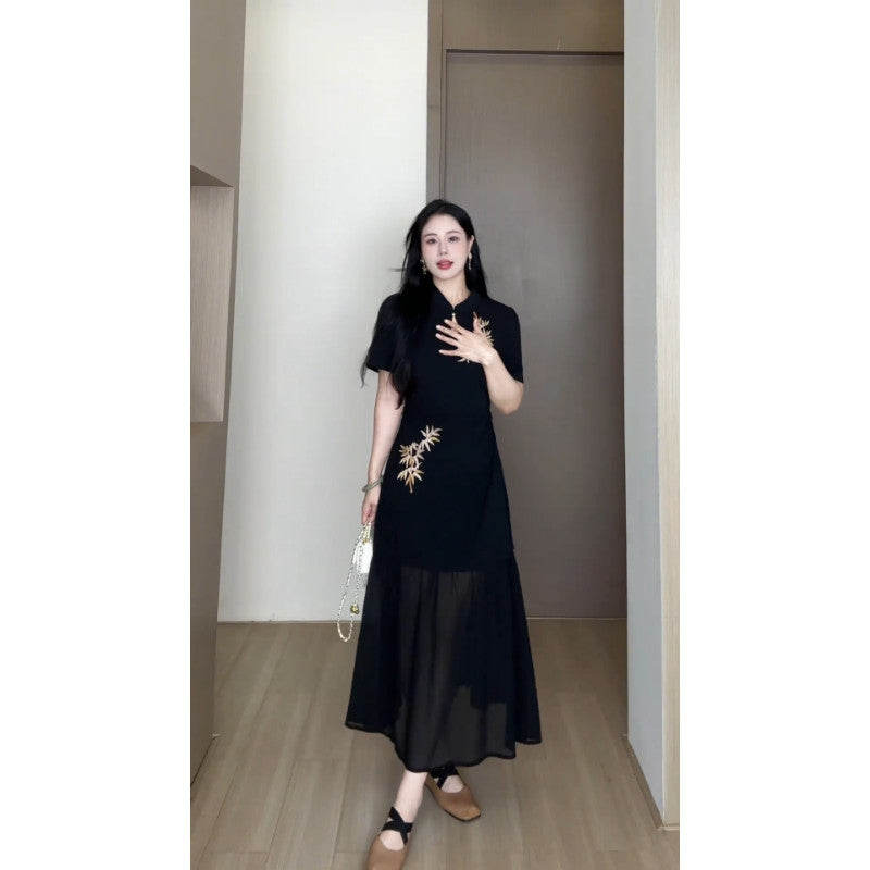 A1908L_墨色竹影蛋妹大碼女裝微胖夏季新中式時尚旗袍連衣裙