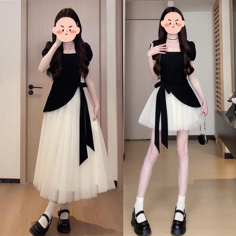 16892L_大碼法式短袖連衣裙女夏季梨形身材垂感長短裙子高級感不規則紗裙