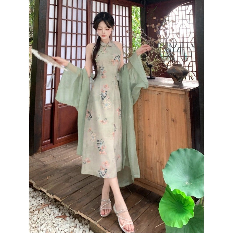 A7927L_大碼新中式國風改良旗袍裙夏季高端氣質掛脖露肩無袖連衣裙