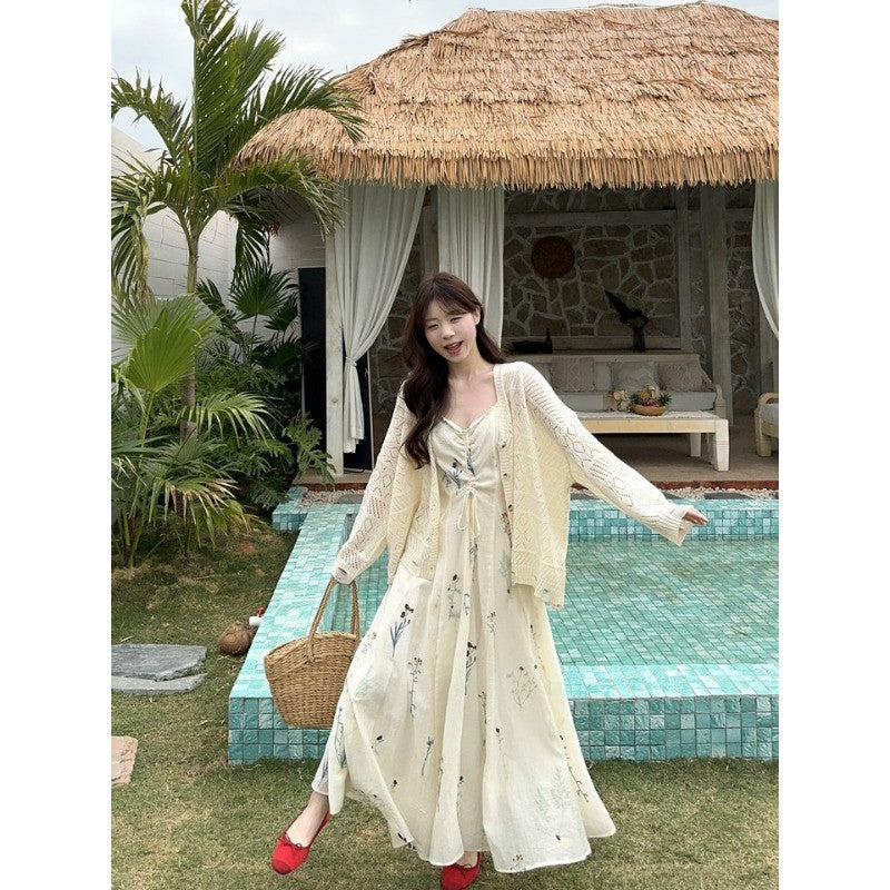 3299L_新款南枝杏調連衣裙女褶皺感水草花復古刺繡長裙