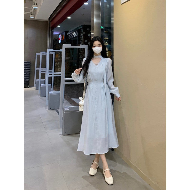 A3155L_大碼女裝氣質溫柔風藍色V領連衣裙女胖MM春季新款裙子