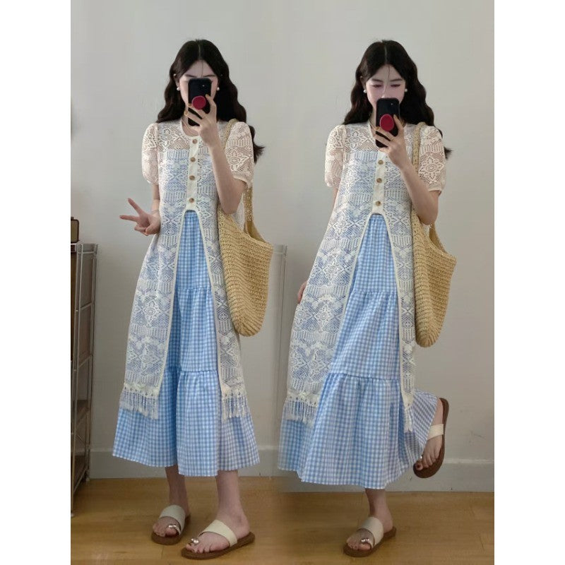9733L_大碼 新款設計感法式甜美小清新鏤空長款蕾絲罩衫+吊帶裙套裝