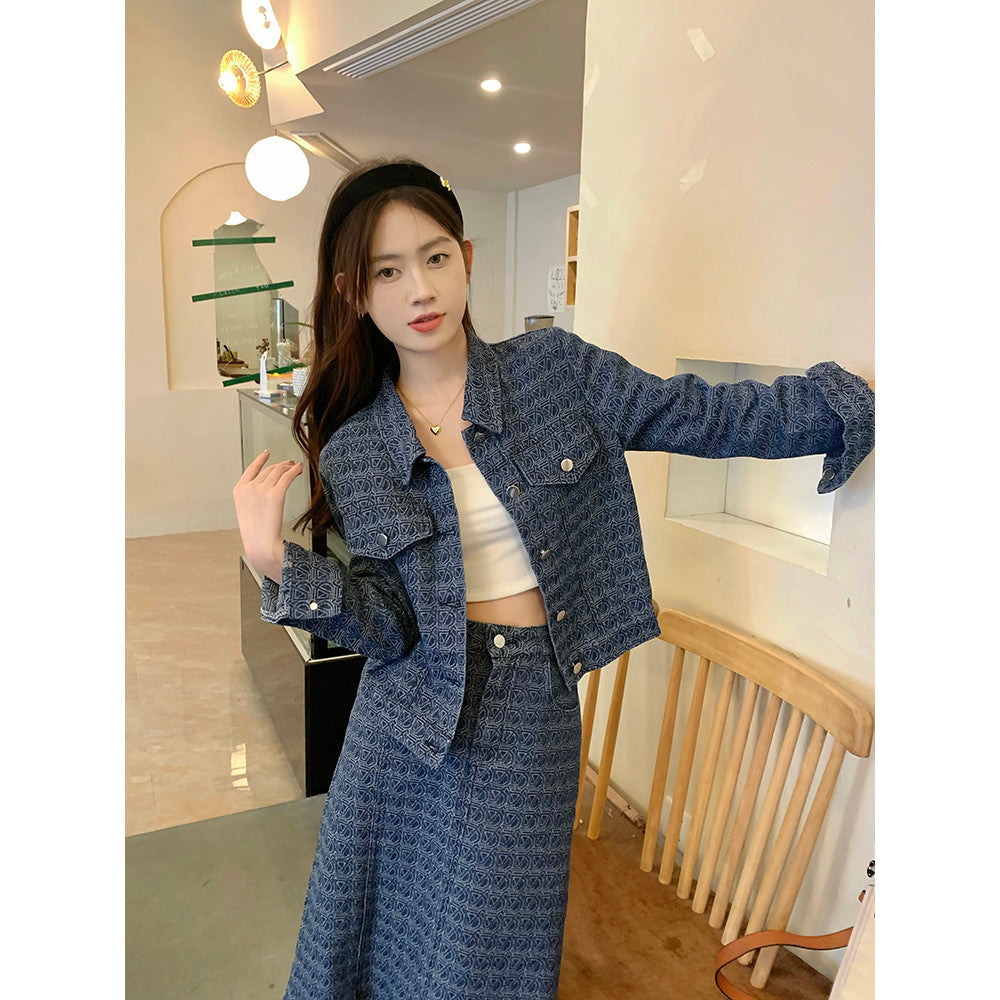 A2383L_大碼女裝雙面提花刺繡牛仔半身裙套裝胖MM藏肉顯瘦兩件套女