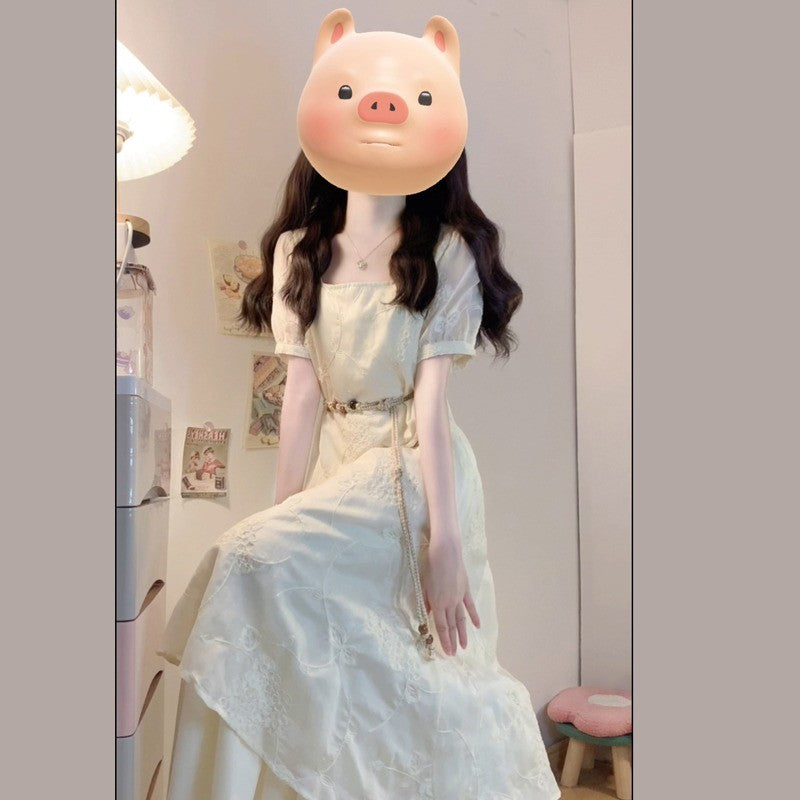 6955L_大碼女裝夏季法式重工刺繡棉布拼接網紗不規則假兩件連衣裙