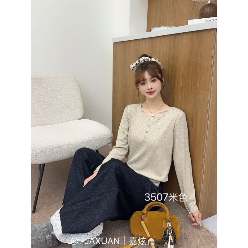 VKJ-3507 均碼  三扣小V領韓系慕斯tee早秋長袖上衣