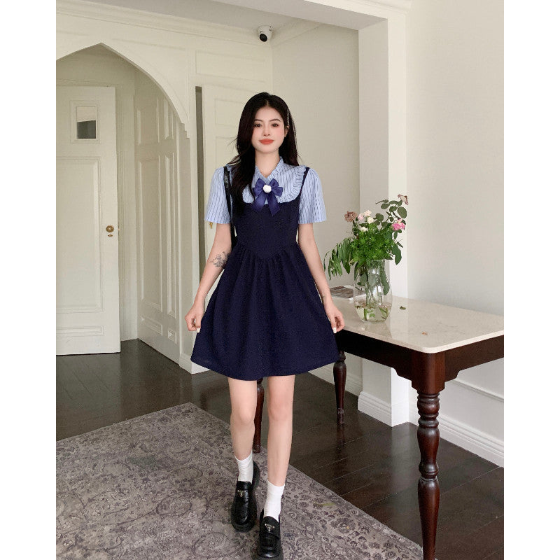 8582L_大碼胖mm學院風氣質連衣裙女2025夏季收腰遮肚顯瘦遮肚裙子女
