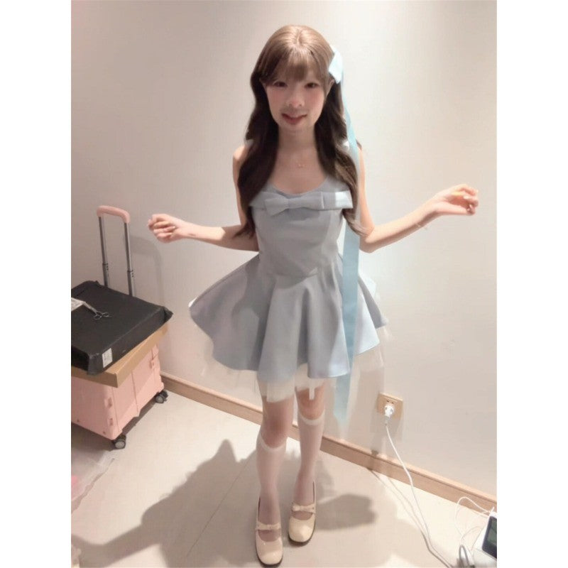 C6L54909L_新款夏季絕美藍色吊帶連衣裙子女高級感掐腰生日禮服蓬蓬短裙