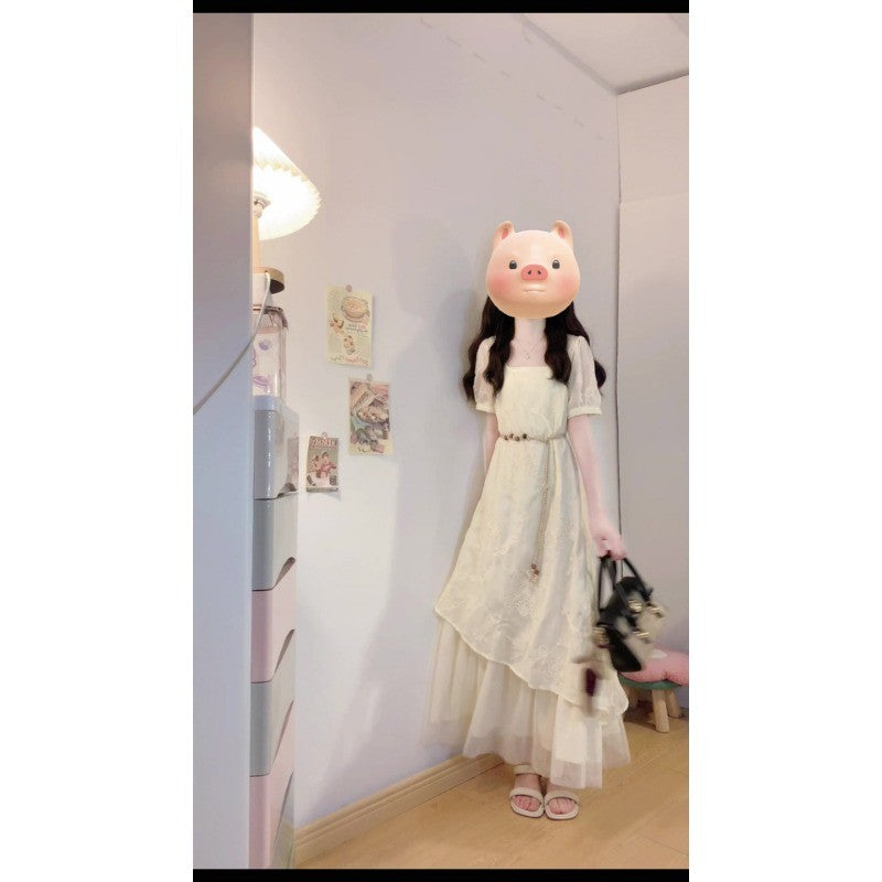 6955L_大碼女裝夏季法式重工刺繡棉布拼接網紗不規則假兩件連衣裙
